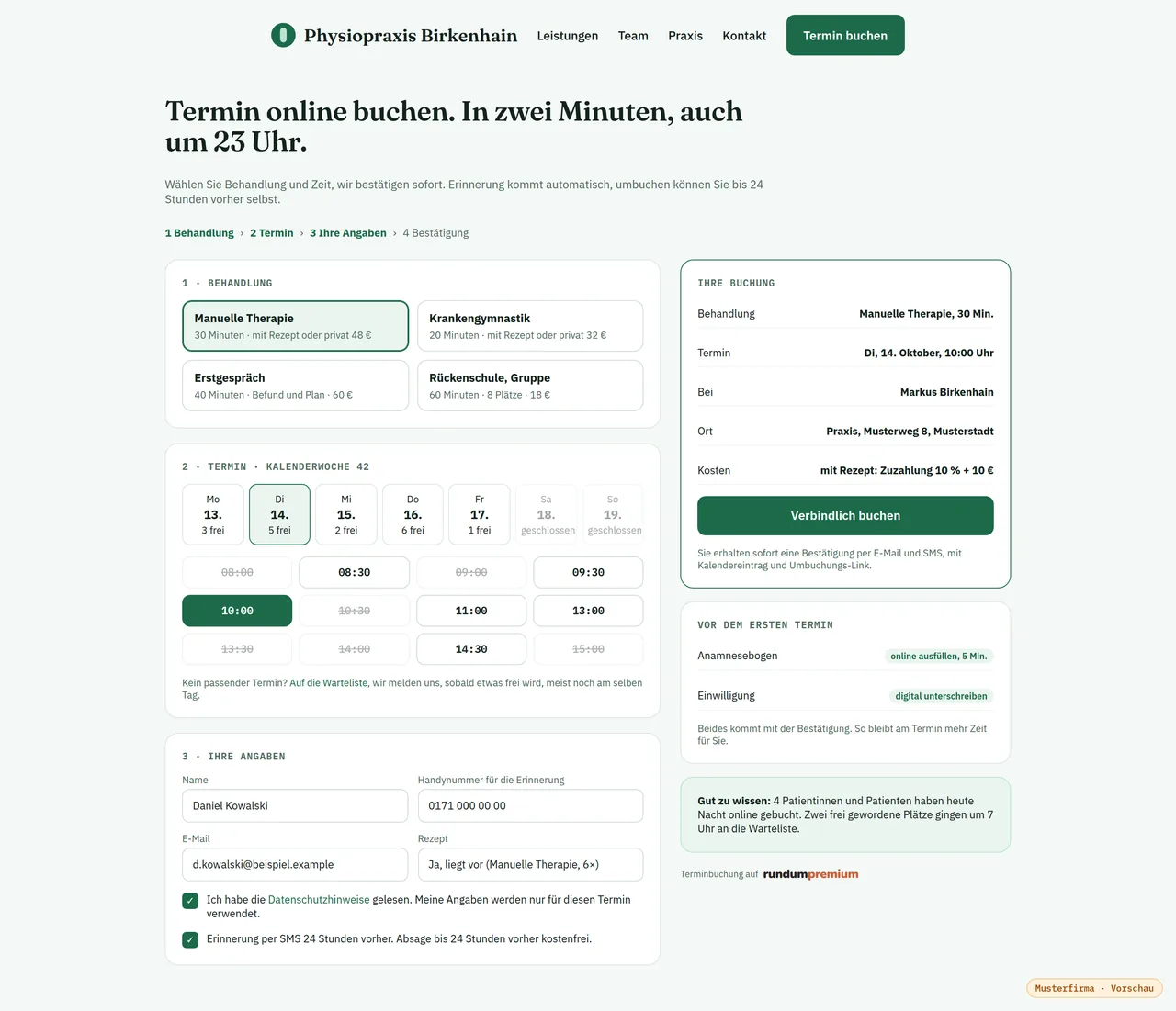 Termine online buchen — Ansicht mit Musterdaten der Musterdruck & Werbetechnik
