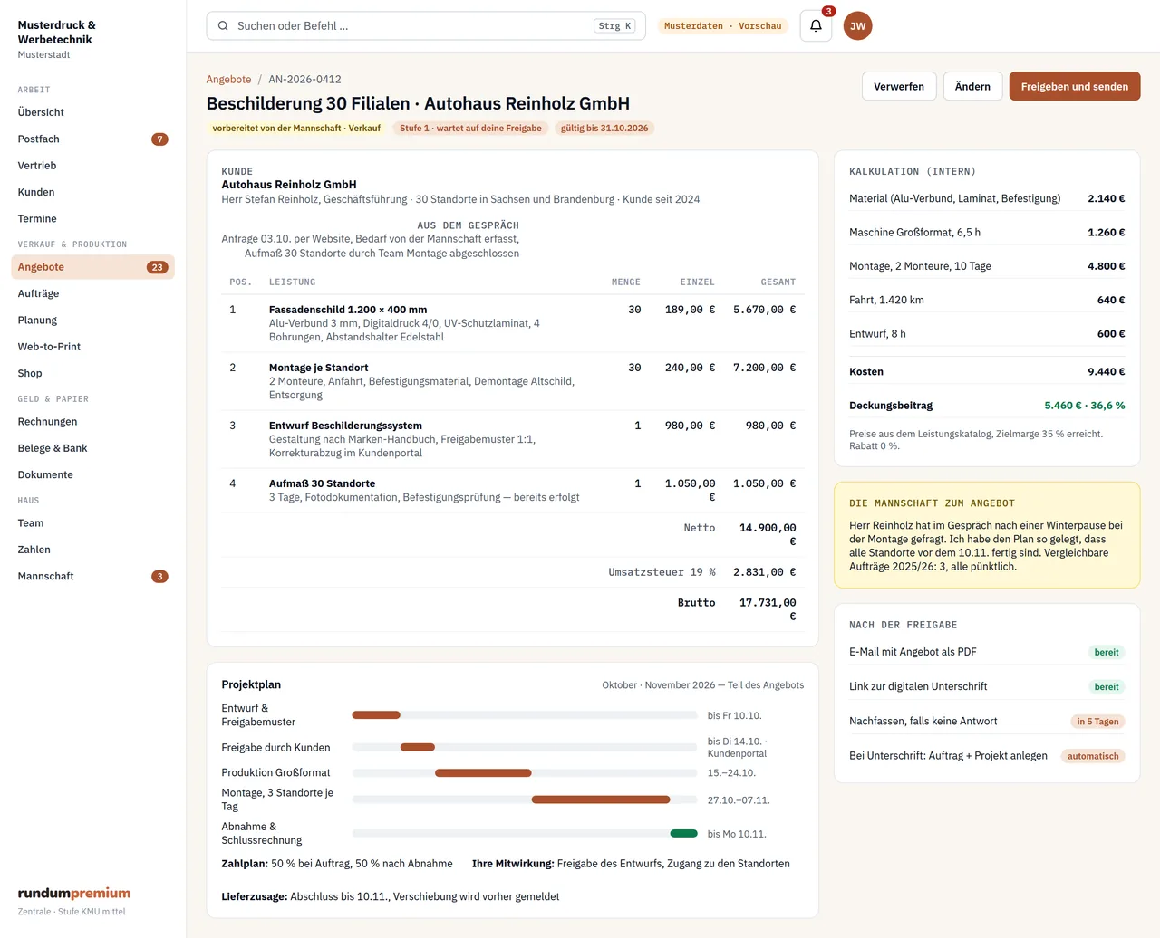 Ein Angebot mit Projektplan — Ansicht mit Musterdaten der Musterdruck & Werbetechnik