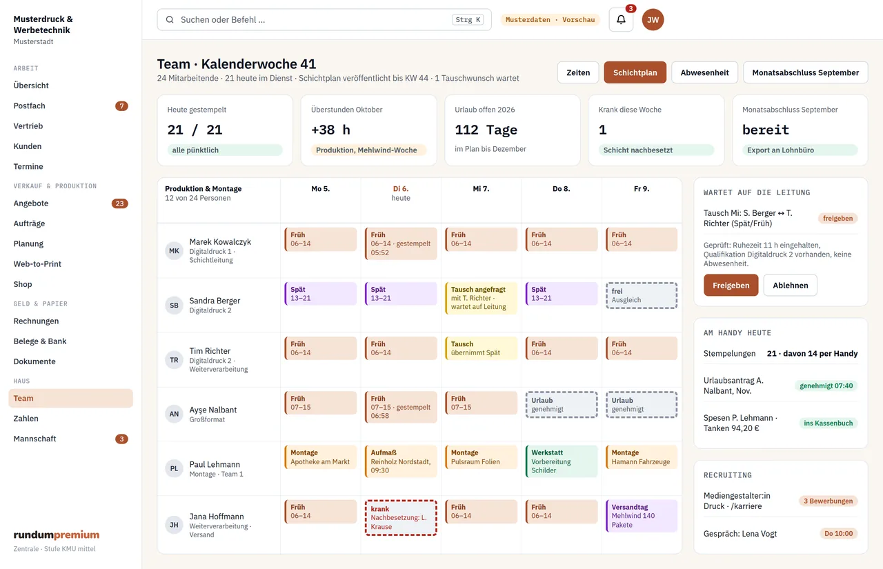 Team und Schichtplan — Ansicht mit Musterdaten der Musterdruck & Werbetechnik